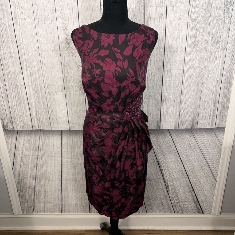 Adrianna Papell Women's Sz 14W Red & Black Floral Cocktail Dress w/ Rhinestones